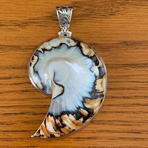 NEW Sterling Silver & Genuine Nautilus Shell Pendant, 3” tall, Resin Filled